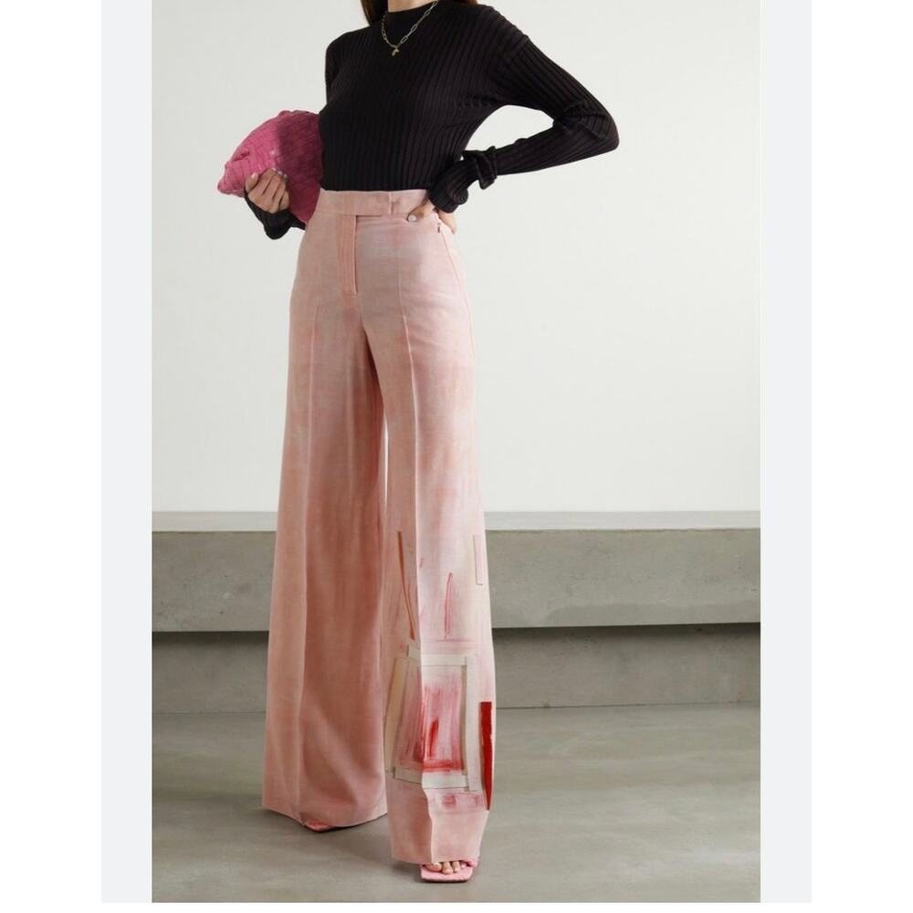 AKRIS Ohayo Floretta Wide Leg Trousers Dress Pants Abstract Calligraphy Printed